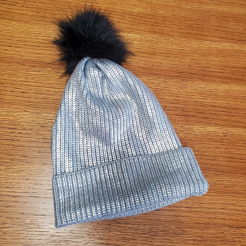 Metallic Silver Women's Knit Beanie Hat with Black Faux Fur Pom Pom
